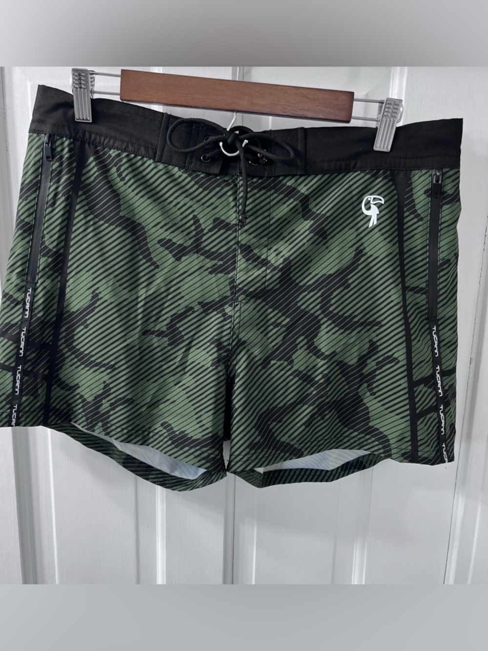 Tucann Striped Green Camo Swim Trunks with Black Waistband and Drawstring. XL